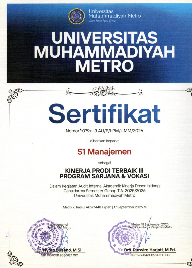 Evaluasi Kinerja Catur Dharma UM Metro, Prodi Manajemen  Terbaik 3